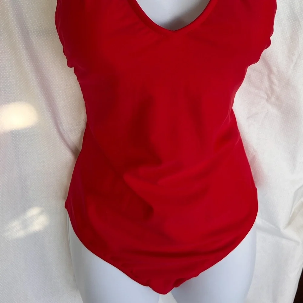 Venus One Piece Swimsuit Red w/ Gold Accents Strappy Back Sz 8 - Picture 6 of 7